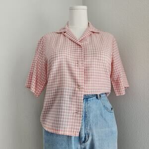 Vintage 70s Sheer Red Plaid Cropped Button Up Short Sleeve Shirt USA M